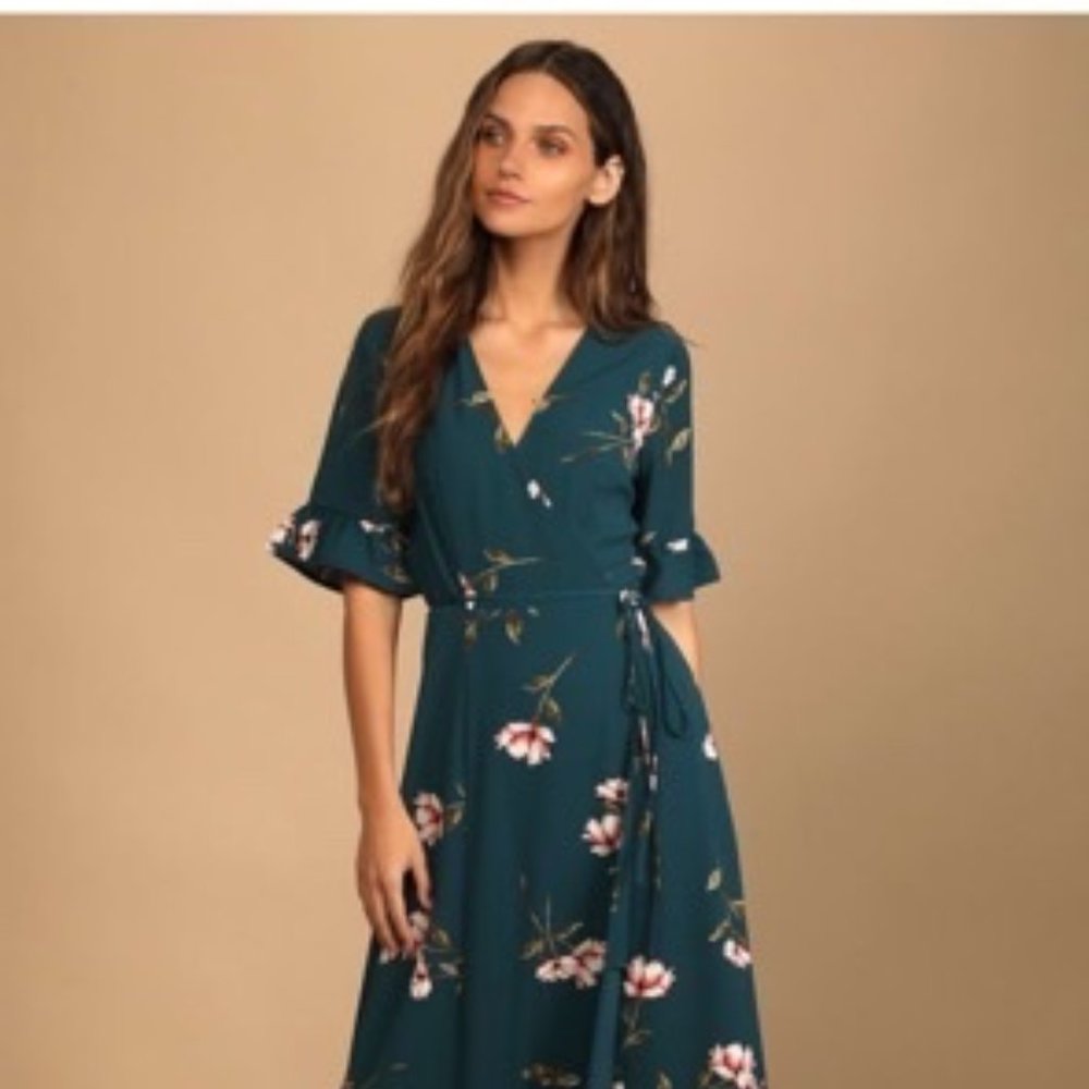 Lulus September Sunsets Dark Teal Floral Print Wrap Maxi Dress
